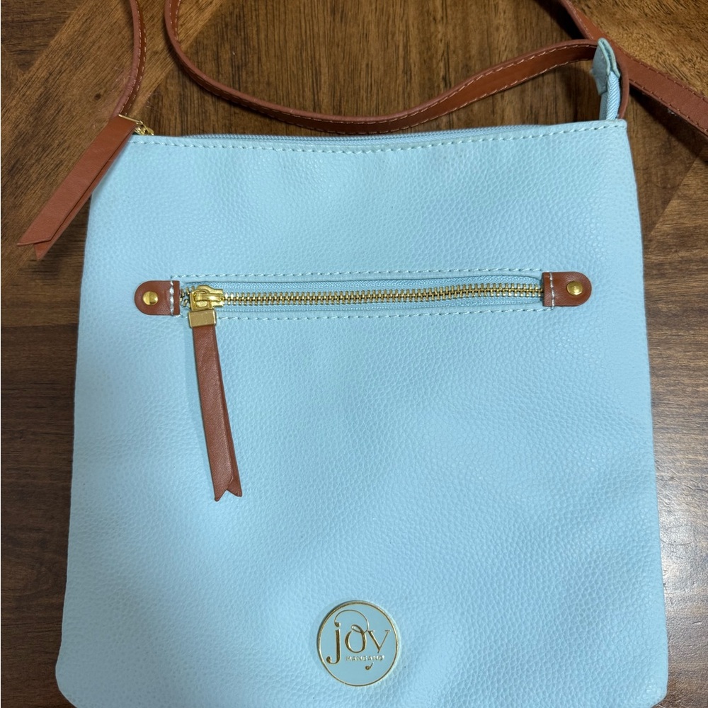Joy Mangano Sky Blue Crossbody Bag with Tan Accents